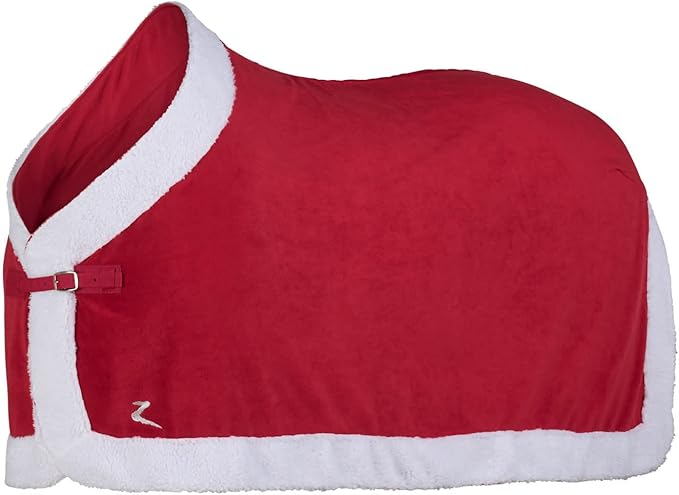 HORZE Santa Christmas Fleece Horse Cooler Blanket with Faux Fur - Red - 84 in