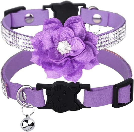 Cat Collars,Rhinestone for Girl Cats Bling Kitten Flower Adjustable Breakaway Collar with Bell Soft Velvet Leather Collar for Puppy Small Dogs (Purple1)