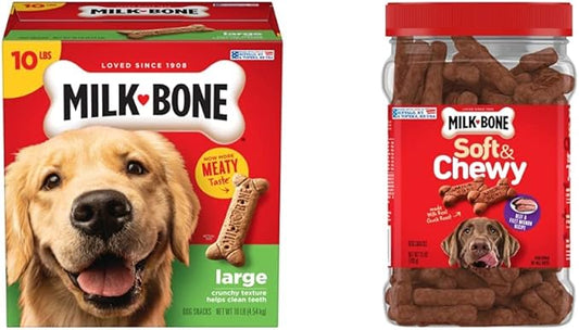 Milk-Bone Dog Treats Bundle: Original Biscuits for Large Dogs 10 Pounds + Soft & Chewy Beef & Filet Mignon 25 Ounce