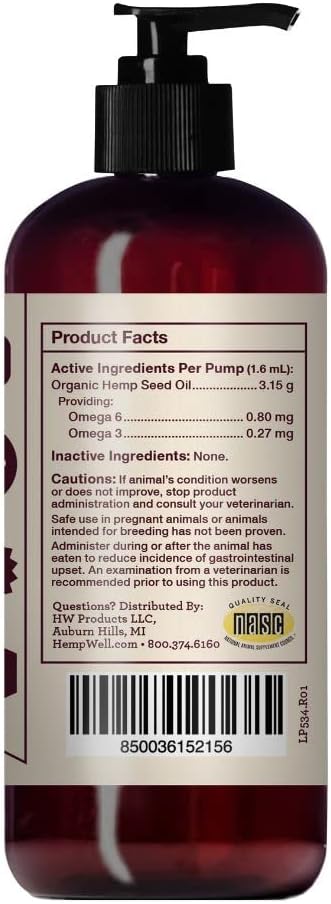 Hemp Well Thrive Pet Oil for Cats and Dogs, Everyday Supplement for Overall Health, Hip, Joint, and Heart Health, Organically Sourced - 8 Ounce