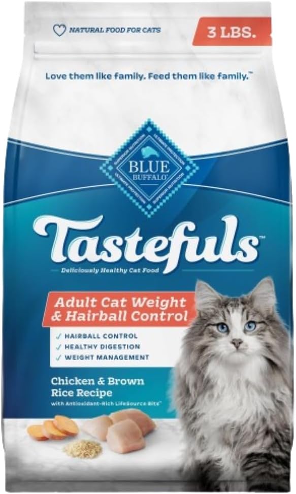 Blue Buffalo Tastefuls Weight & Hairball Control Natural Dry Food for Adult Cats, 3-lb. Bag