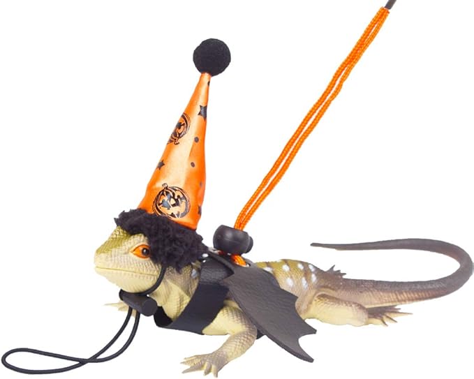 ADOGGYGO Halloween Bearded Dragon Lizard Leash Harness Hat Set - Bearded Dragon Clothe Halloween Pumpkin Hat + 3 Pack Reptile Harness Leash for Bearded Dragon Lizard Reptile (Halloween)