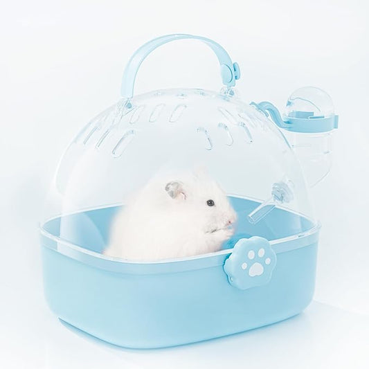 BUCATSTATE Small Animal Carrier Cage with Water Bottle, Portable Hamster Travel Carrier Carry Case 7.24" L*6.69 W *6.42" H for Small Pets, Gerbils, Mice, Dwarf Hamster (Blue)