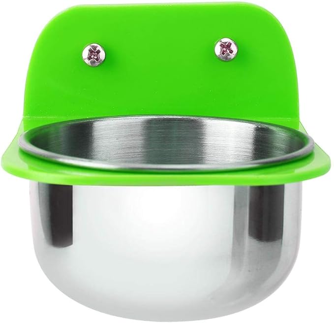 Bird Cage Feeder, Stainless Steel Food Water Bowls with Plastic Holder Parrot Feeding Bowls Cup for Macaw African Greys Budgies Parakeet Cockatiels Conure Lovebird Finch(Green)