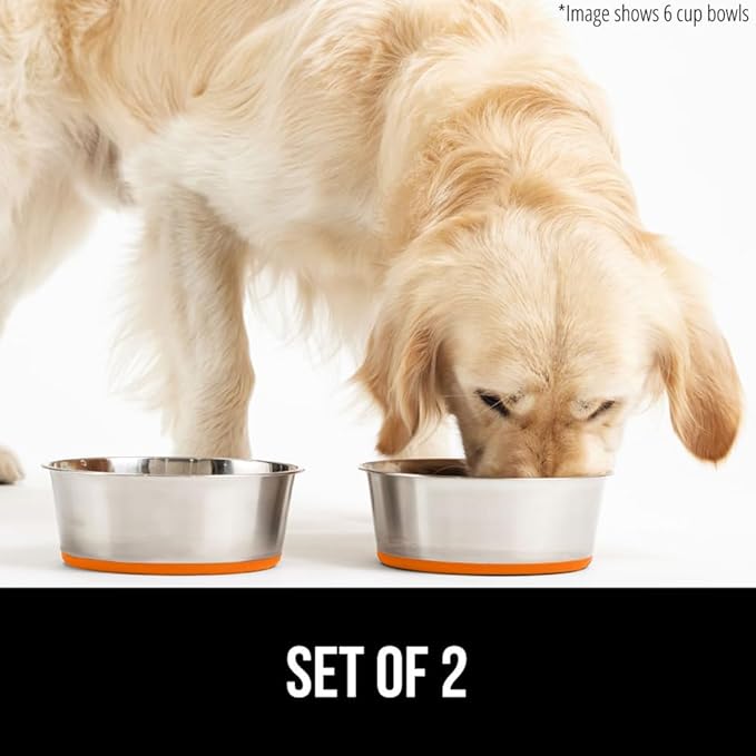 Gorilla Grip Stainless Steel Metal Dog Bowl Set of 2, Rubber Base, Heavy Duty Feeding Dishes, Food Grade BPA Free, Less Sliding, Quiet Pet Bowls for Cats and Dogs, Holds 2 Cups (16 fl oz), Orange