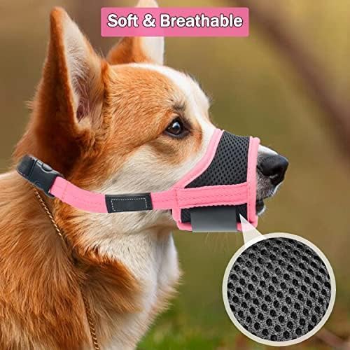 LUCKYPAW Dog Muzzle Anti Biting Barking and Chewing with Comfortable Mesh Soft Fabric and Adjustable Strap, Suitable for Small, Medium and Large Dogs(Pink Trim,M)