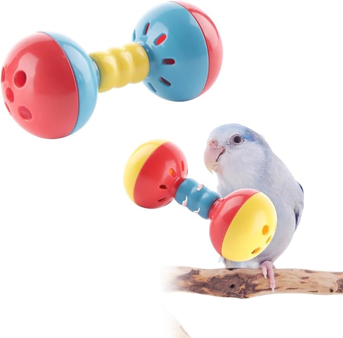 2 Pcs Bird Barbell Dumbell Foot Toy, Enrichment Rattles Bells Foot Toy for Small Bird Parrot Parakeet Cockatiel Conure Love Birds