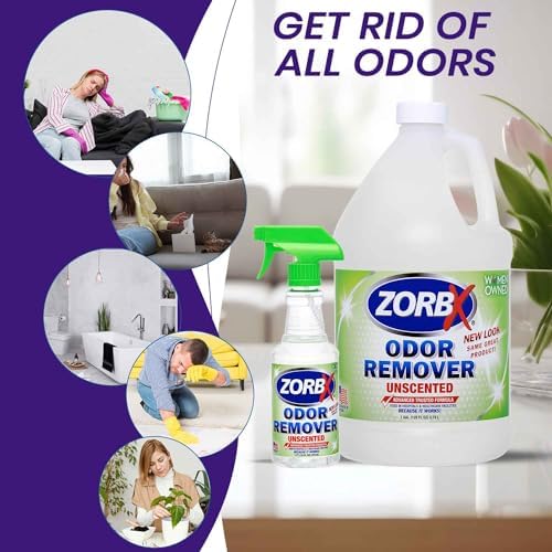 ZORBX Unscented Odor Eliminator for Strong Odor - Used in Hospitals & Healthcare Facilities | Advanced Trusted Formula, Fast-Acting Odor Remover Spray for Dog, Cat, House & Carpet (16 Oz + 128 Oz)