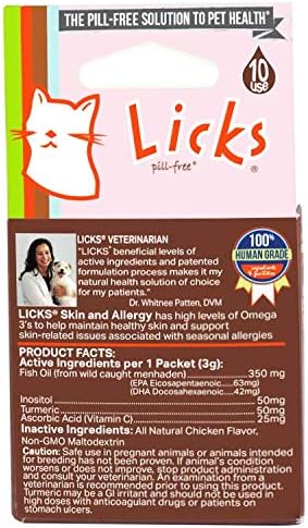 Licks Pill-Free Cat Skin and Allergy - Omega 3 Cat Allergy Relief - Cat Vitamins & Supplements for Itchy Skin - Turmeric Supplement for Cat Skin - Gel Packets - 10 Use