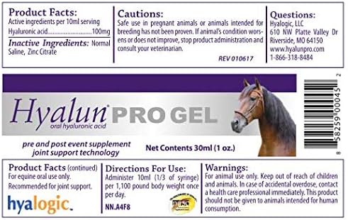 Hyalogic Hyaluronic Acid Gel for Horses Orally Administered with Syringe for Equine Joint & Cartilage Support - Hyalun Pro Gel - 1 oz / 30 ml (3 full doses) - Pre- and Post-Event Booster