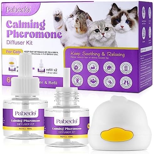 Cat Pheromones Calming Diffuser, 2 in 1 Cat Calming Starter Kit (Diffuser Head + 2pcs 48ml Vial) for 60 Days Use, Enhanced Cat Calming Diffuser Kit for Cat Anxiety Relief