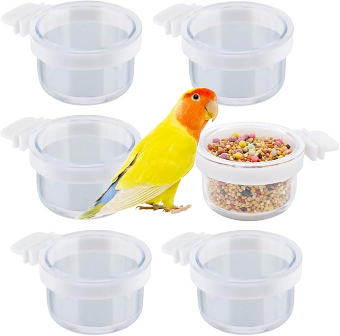 6 Pack Detachable Transparent Bowl Plastic Food Cup Convenient Hanging Seed Water Feeder for Parrot Canary Finch Small Size Bird