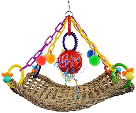 Super Bird Creations SB748 Flying Trapeze Bird Toy for Conures, Quakers, Caiques, Pionus, Senegals, Multi-Colored Chain, Seagrass Mat, Enrichment Toy - Medium Bird Size, 14" x 13" x 12"