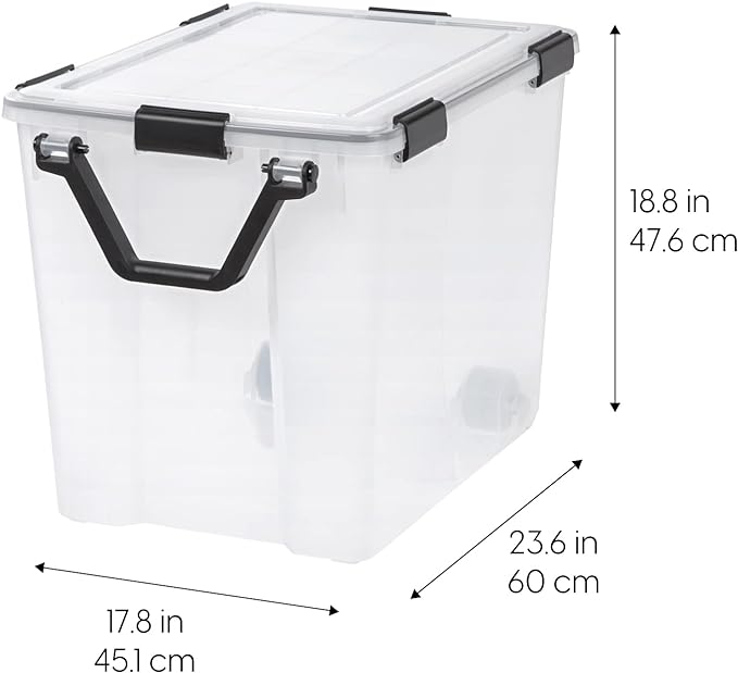 IRIS USA 103 Qt Storage Box with Gasket Seal Lid, 2 Pack - BPA-Free, Made in USA - Heavy Duty Moving Containers with Tight Latch, Weather Proof Tote Bin, WEATHERPRO - Clear/Black