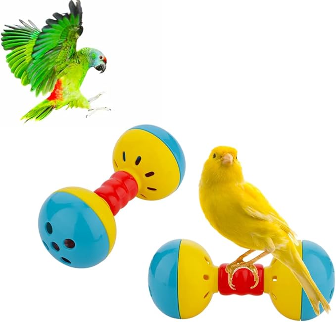 2 Pcs Bird Barbell Dumbell Foot Toy, Enrichment Rattles Bells Foot Toy for Small Bird Parrot Parakeet Cockatiel Conure Love Birds