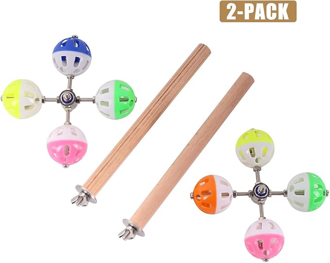 2-Pack Bird Perch Toy with Spinning Balls, Exercise Rotating Swing for Parakeet Budgies Cockatiel with One Textured Stand Perch and One Typical Wood Perch, Stainless Steel Wing Nut and Washers