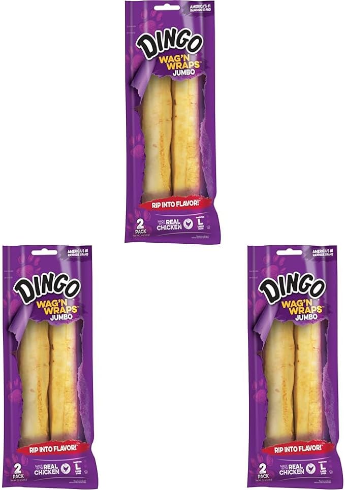 Dingo Wag’n Wraps Jumbo 2 Count, Made with Real Chicken, Rawhide Snack for Large Dogs (Pack of 3)