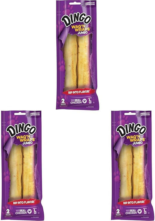 Dingo Wag’n Wraps Jumbo 2 Count, Made with Real Chicken, Rawhide Snack for Large Dogs (Pack of 3)