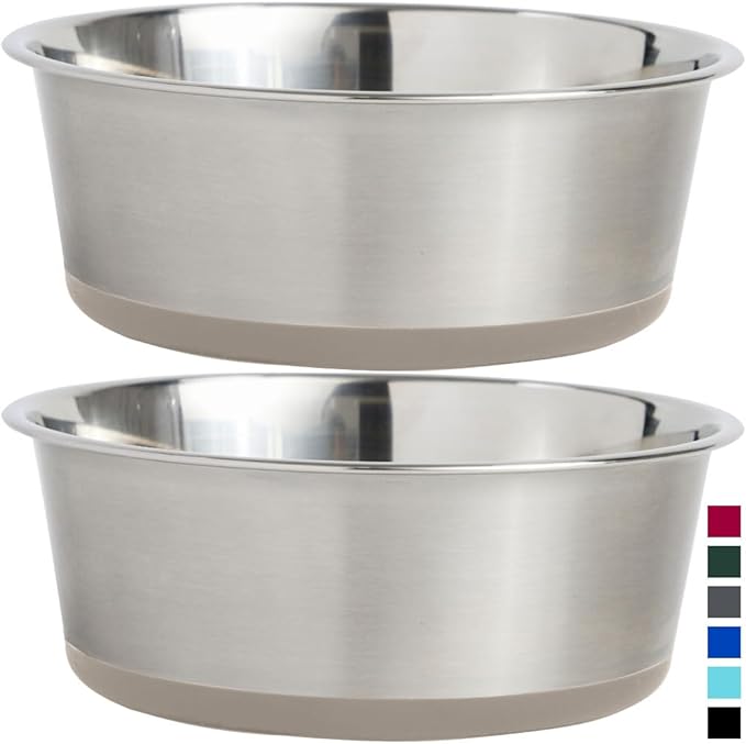 Gorilla Grip Stainless Steel Metal Dog Bowl Set of 2, Rubber Base, Heavy Duty Feeding Dishes, Food Grade BPA Free, Less Sliding, Quiet Pet Bowls for Cats and Dogs, Holds 8 Cups (64 fl oz), Beige