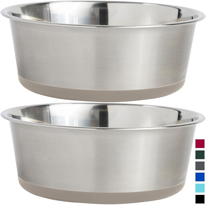 Gorilla Grip Stainless Steel Metal Dog Bowl Set of 2, Rubber Base, Heavy Duty Feeding Dishes, Food Grade BPA Free, Less Sliding, Quiet Pet Bowls for Cats and Dogs, Holds 2 Cups (16 fl oz), Beige