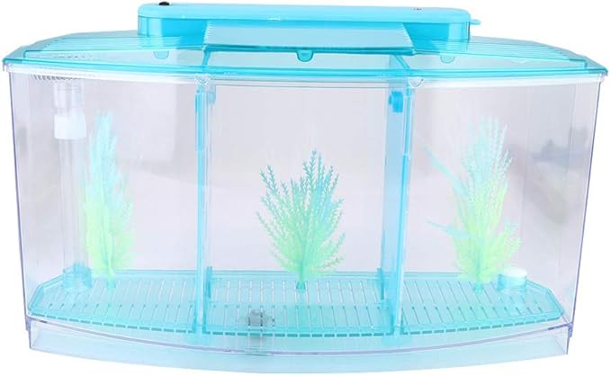 Aquarium Fish , Three Divisions Breeding Isolation Mini Aquarium komplettset LED Acrylic Box for Small Fishes() (Blue)