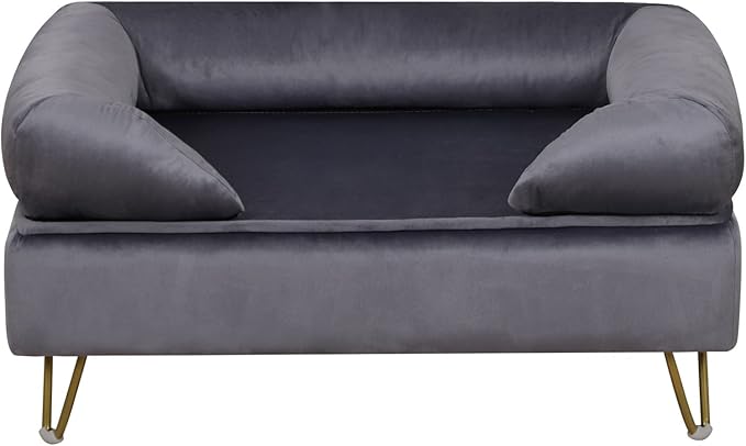 Dog Sofa Bed, Soft Velvet Fabric, Wooden Frame, Medium Dog Rest, Grey