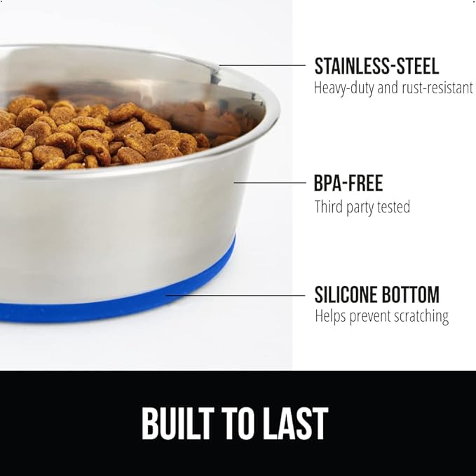 Gorilla Grip Stainless Steel Metal Dog Bowl Set of 2, Rubber Base, Heavy Duty Feeding Dishes, Food Grade BPA Free, Less Sliding, Quiet Pet Bowls for Cats and Dogs, Holds 8 Cups (64 fl oz), Royal Blue