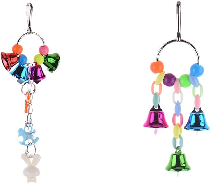 Hypeety Pet Parrot Swing Hanging Bell Toy Macaw Chinchilla Parakeet Chew Bell Colorful Bead CuteBirds Cage Accessory Swing Bird Chew Toy (C)