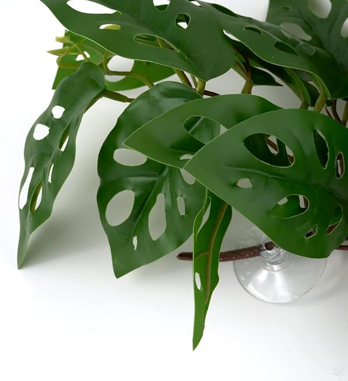 Reptile Plants for Terrarium, Amphibian Habitat Decor Artificial Hanging Plants with Suction Cup - Fake Swiss Cheese Plants Monstera Adansonii