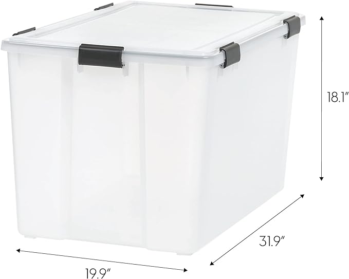 IRIS USA 156 Qt Storage Box with Gasket Seal Lid, 3 Pack - BPA-Free, Made in USA - Heavy Duty Moving Containers with Tight Latch, Weather Proof Tote Bin, WEATHERPRO - Clear/Black
