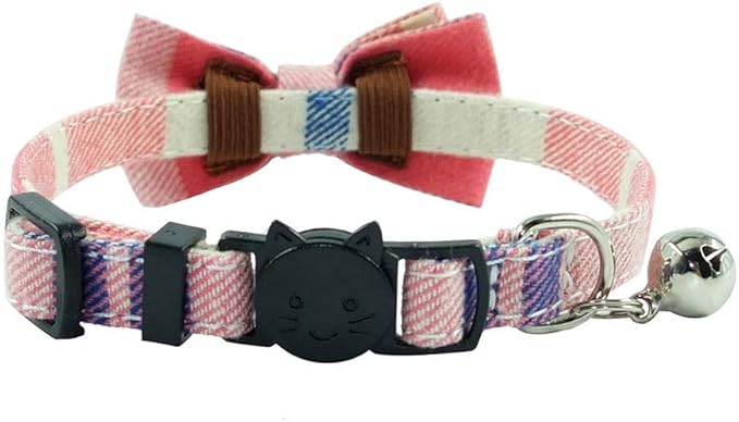 Cat Collar Breakaway with Bell and Bow Tie, Plaid Design Adjustable Safety Kitty Kitten Collars(6.8-10.8in)(Pink Plaid 2)