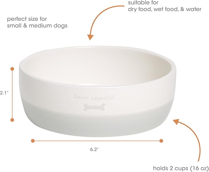 Pearhead Bone Appetit Ceramic Dog Bowl, Medium Food Or Water Bowl, Pet Dish, Microwave and Dishwasher Safe, Pet Owner Essentials, Holds 2 Cups