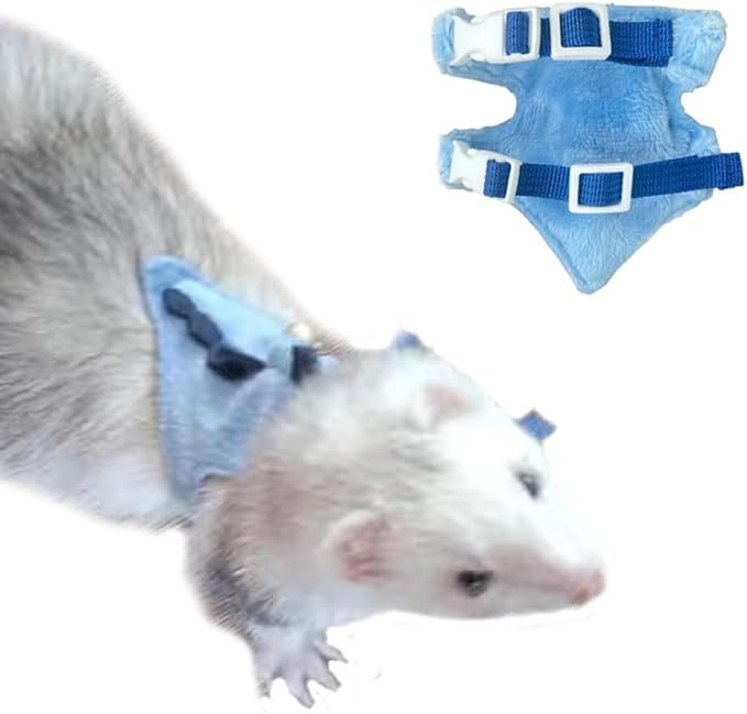 Denim Ferret Harness and Leash Set Small Animals Vest Harness with Safe bell and Wings Walking clothes for Baby Rabbit Guinea pig Teacup Chihuahua Mouse and other Small pet. (C)