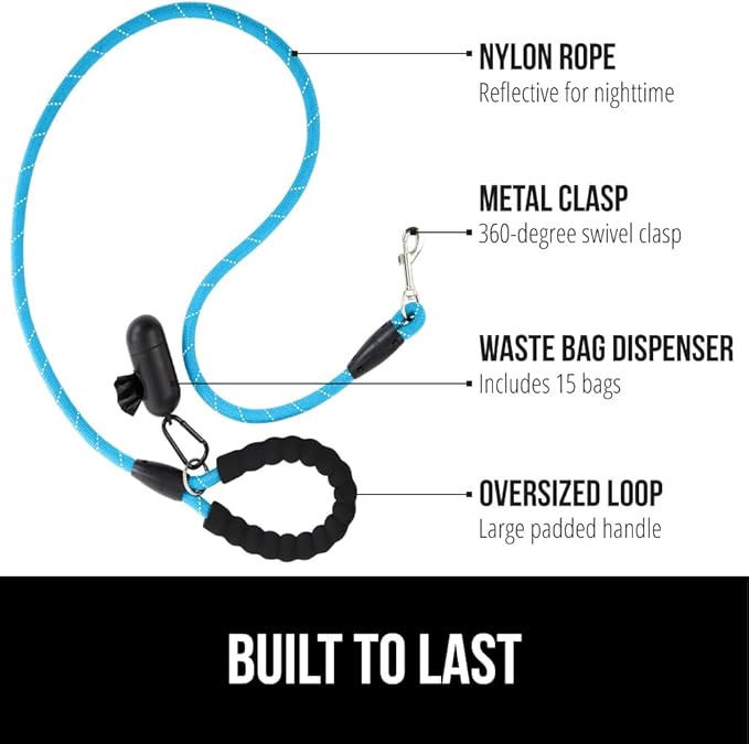 Gorilla Grip Heavy Duty Dog Leash, Soft Handle, Strong Reflective Rope for Night Pet Walking, Small Medium Large Animals, Durable Puppy Training Leashes, Rotating Metal Clip, Waste Bag Dispenser, Blue