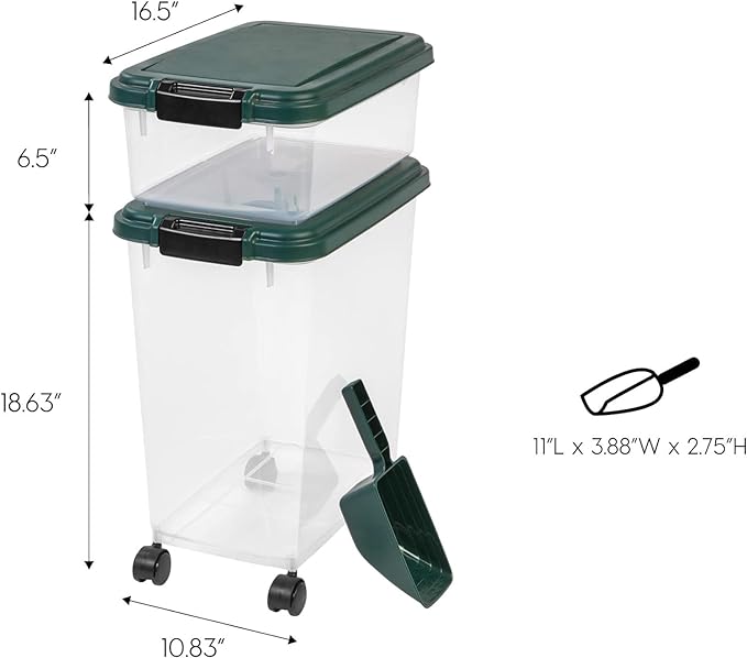 IRIS USA 30 lbs & 11 lbs Combo Airtight Dog Food Storage Container, Stackable Treat Box, 2-Cup Scoop, Wheels, Keep Fresh, Easy Mobility, Green