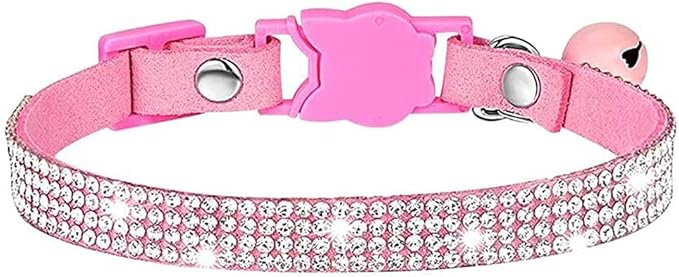 Cat Collars,Rhinestone for Girl Cats Bling Kitten Flower Adjustable Breakaway Collar with Bell Soft Velvet Leather Collar for Puppy Small Dogs (Pink)