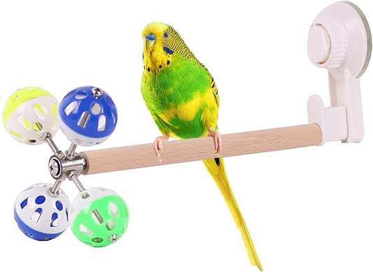 Window Suction Bird Perch Toy for Parakeet, Movable Bird Perch Stand with Rotating Balls Bells for Window Mirror Glass Mount, Spinning Perch Toy for Budgies Cockatiel Conure