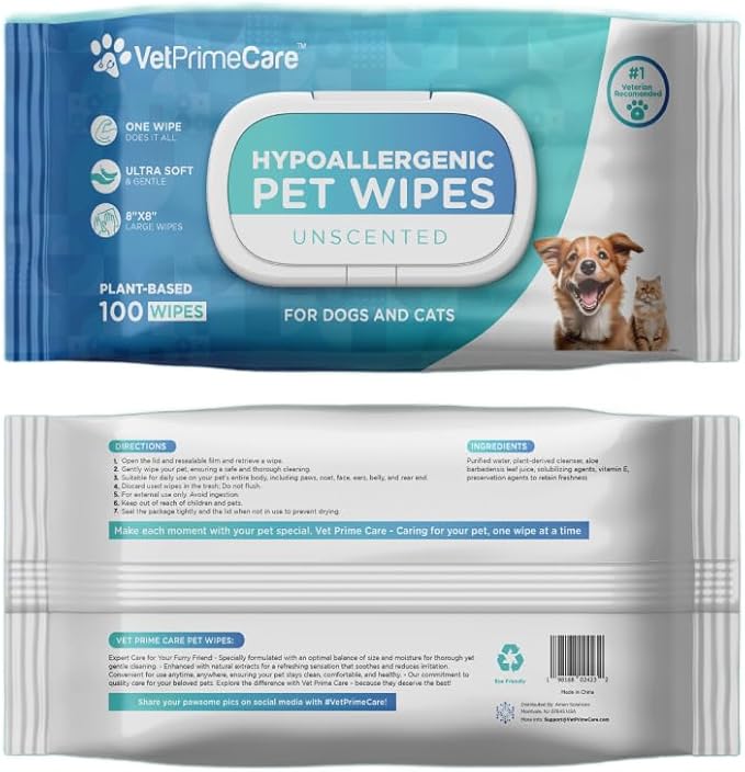 Pet Grooming Wipes for Dogs & Cats, 8” x 8” Plant-Based Hypoallergenic Wipes for Cleaning & Deodorizing, Suitable for Pets Body Like Face, Paws, Belly, and Butt, Unscented - 100 Count