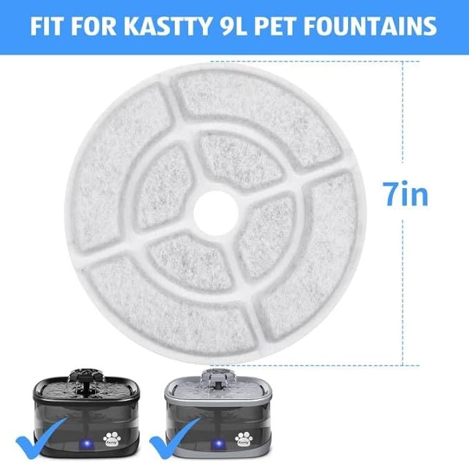 Kastty 6 Pack 18CM Larger More Activated Carbon Replacement F-ilters for 9L Large Dog Water Fountains, Food Grade, Made of Coconut Activated Carbon and PP Cotton, 6 + 6 P ump F ilters