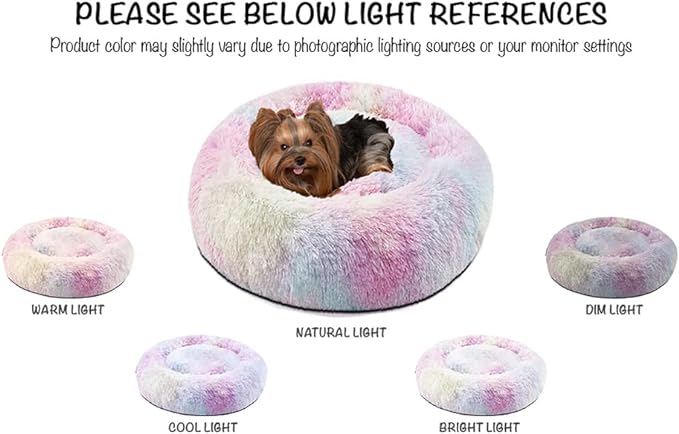 Friends Forever Donut Dog Bed Faux Fur Fluffy Calming Sofa For Medium Dogs, Soft & Plush Anti Anxiety Pet Couch For Dogs, Machine Washable Coco Pet Bed with Non-Slip Bottom, 30"x30"x7" Rainbow