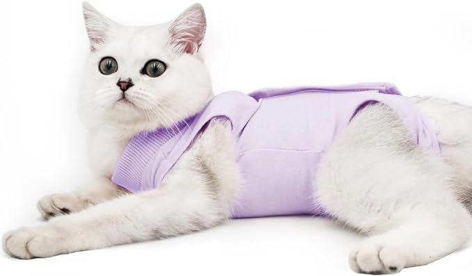 Cat Recovery Suit for Male and Female Surgical Post Surgery Soft Cone Onesie Shirt Clothes Neuter Licking Protective Diapers Outfit Cover Kitten Spay Collar(L, Purple)