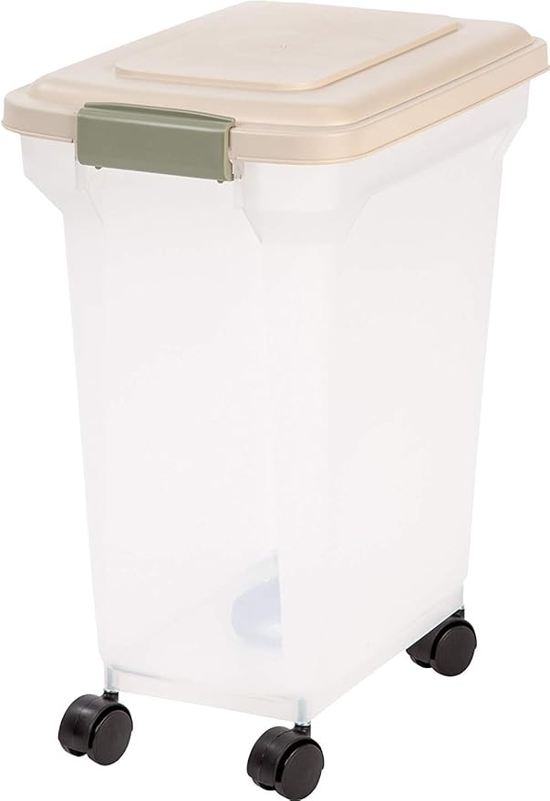 IRIS USA WeatherPro Airtight Dog Food Storage Container, Up to 22 lbs, Attachable Wheels, For Dog Cat Bird and Other Pet Food Storage Bin, Keep Fresh, Translucent Body, Clear/Almond