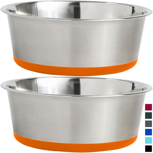 Gorilla Grip Stainless Steel Metal Dog Bowl Set of 2, Rubber Base, Heavy Duty Feeding Dishes, Food Grade BPA Free, Less Sliding, Quiet Pet Bowls for Cats and Dogs, Holds 2 Cups (16 fl oz), Orange