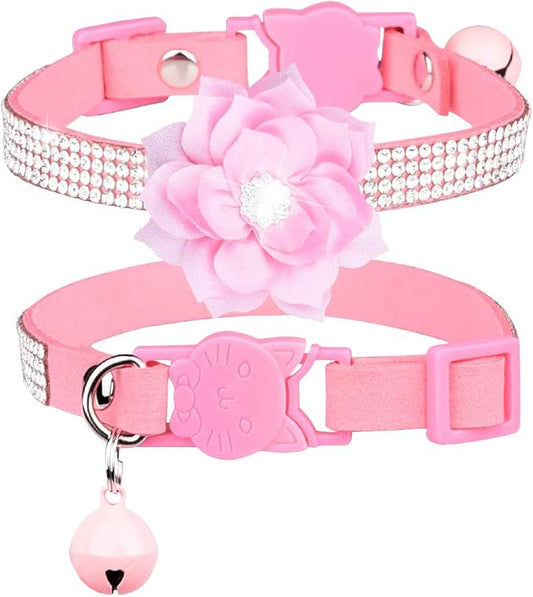 Cat Collars,Rhinestone for Girl Cats Bling Kitten Flower Adjustable Breakaway Collar with Bell Soft Velvet Leather Collar for Puppy Small Dogs (Pink1)