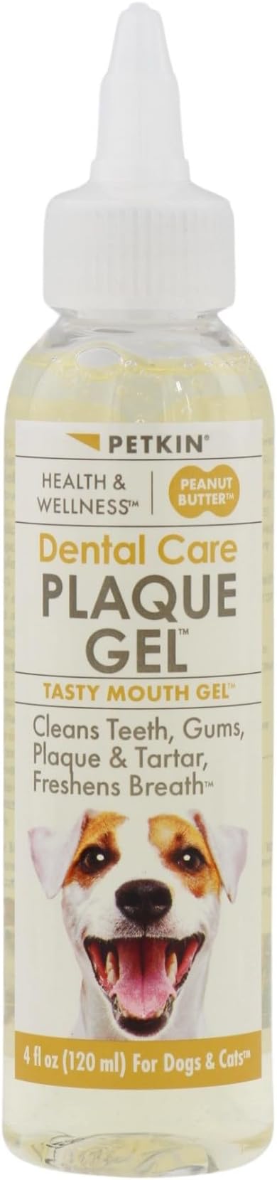 Petkin Plaque Remover Gel, Peanut Butter – Cleans Teeth and Gums, Removes Plaque and Tartar - Freshens Breath and Whitens Teeth with Baking Soda - Ideal for Daily Use, No Brushing or Rinsing - 4 fl oz