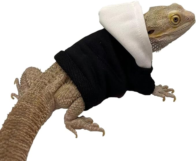 Lizard Clothes for Bearded Dragons Reptile Apparel Handmade Cotton Material Hoodies Sweater T-Shirt for Skin Protection Photo Party for Lizard bearded dragon Crested Gecko Chameleon (Black, Large)