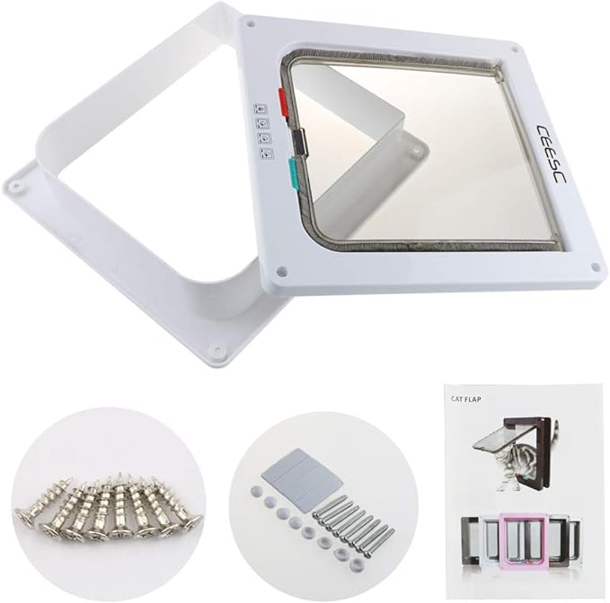 CEESC Cat Flap Door Magnetic Pet Door with 4 Way Lock for Cats, Kitties and Kittens, 3 Sizes and 2 Colors Options (M- Inner size: 6.18"(W) x 6.30"(H), White)