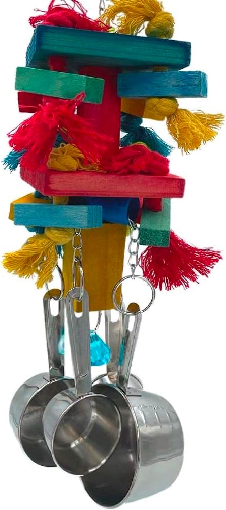 Large Bird Parrot Toys, Multicolored Natural Wooden Blocks and Cotton Knots with Stainless Steel Cups for Large and Extra Large Parrots Macaw African Gray Amazon Cockatoo