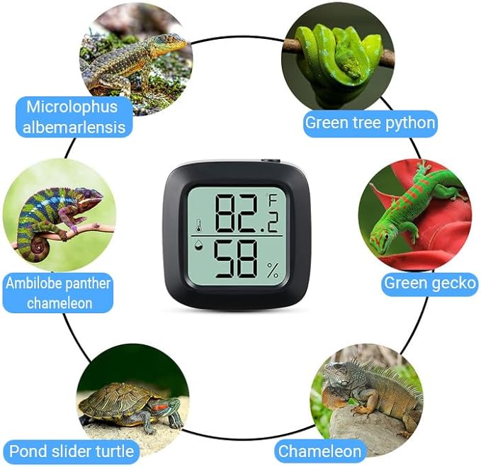 Reptile Tank Thermometer, Aggforbl High-Accuracy Digial Display Reptile Terrarium Thermometer Hygrometer for Pet Rearing Box, wiht Double Sided Tape (Black, 1)