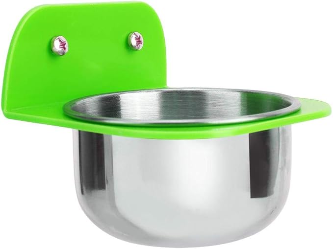 Bird Cage Feeder, Stainless Steel Food Water Bowls with Plastic Holder Parrot Feeding Bowls Cup for Macaw African Greys Budgies Parakeet Cockatiels Conure Lovebird Finch(Green)